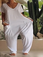 levne Overal pro plnoštíhlé-Dámské Běžný Kombinéza Elegantní Pevná barva Krátký rukáv Rovné Do V Slátanina Kapsy Dovolená Domů Běžný Vodní modrá Bílá Žlutá Léto