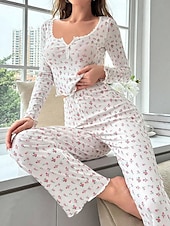  Women's Pajama Set Casual Comfort Floral Elastic Waist Pant Home Daily Long Sleeve U Neck White Yellow Pink Purple Spring Fall Regular Fit