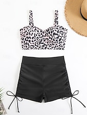 Χαμηλού Κόστους Τανκίνι-Γυναικείο Τανκίνι 2 Κομμάτια Μαγιό Ραφές Υποστήριξη Λεοπάρ Μικροσκοπικά Έλεγχος Κοιλιάς Ψηλόμεσο Λεπτό Χωρίς Πλάτη Θέρετρο Παραλίας V Λαιμός Αμάνικο Μαγιό