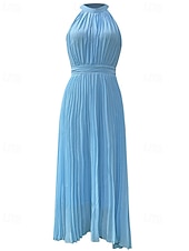 economico Abiti in chiffon-Per donna Abito Lungo Maxi Abito Tubino Vestito in Chiffon Abito con Collo Allacciato Elegante Moda Moderno Quotidiano Ufficio Vacanza Vestibilità regolare Semplice Senza Maniche All'americana Blu