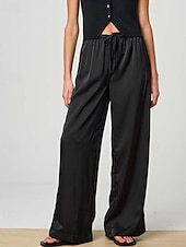 preiswerte weites Bein und hohe Taille-Damen Satinhosen Weites Bein Chinos Hosen Hose Streetwear Lässig Volle Länge Mittlere Taillenlinie Einfach Kordelzug Tasche Bequem Unelastisch Täglich Outdoor Schwarz Sommer Frühling Lässiger Schnitt