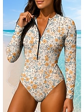 cheap One Pieces Rash Guards-Women's Rash guard Swimsuit Floral Zip Up UPF50+ Quick Dry Lightweight Long Sleeve Bodysuit Swim Shirt Surfing Beach Water Sports Summer