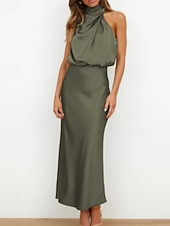 baratos Vestido Simples-Mulheres Vestido midi Vestido Longo Vestido Maxi vestido de cetim Vestido de formatura Vestido de festa Elegante Moda Moderno Festa de Noite Festa Ocasião Especial Normal Delgado Tecido Sem Manga