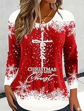 Χαμηλού Κόστους Χριστουγεννιάτικα Μπλουζάκια-Χριστουγεννιάτικα γυναικεία T-shirt γραφικά vintage μόδας στυλάτο μακρύ μανίκι crew neck στρογγυλή στολή κανονικά μπλουζάκια καθημερινής εκτύπωσης Σαββατοκύριακου μαύρο χρυσό καλοκαίρι άνοιξη