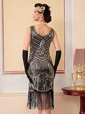 baratos Vestidos dos anos 1920-Conjunto Loucos anos 20 Anos 20 Até os Joelhos Vestidos Vestido melindroso Roupa com acessórios Sem Mangas O Grande Gatsby charleston Paetês Franjas Pena Decote V Fantasia Mulheres Carnaval Ano Novo