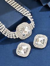 ieftine Colier de damă-Set de bijuterii din cristal pentru femei - colier tip choker cu strasuri strălucitoare și inele statement pentru petrecere, banchet de seară sau ocazii speciale