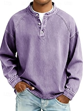 cheap Basic T shirts-Men's T Shirt Henley Shirt 100% Cotton Acid Wash Shirt Tee Top Long Sleeve Plain Vintage Streetwear Casual Washed Raglan Sleeves Stand Collar Henley Casual Home Street Spring Fall Fall &amp; Winter Black