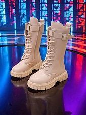 tanie Kozaki dziecięce-Buty dla dzieci w stylu koreańskiej gwiazdy popu inspirowane idolką - białe skórzane buty bojowe z paskiem na klamrę, idealne na występy, imprezy i do modnych stylizacji