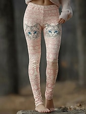  Damen Leggings Gemütliche Leggings Urlaub Vintage Ethno-Stil Volle Länge Hohe Taille Grafik Katze Drucken Bequem Dehnbar Lässig Täglich Urlaub Rosa Dunkelpink Frühling Herbst Schmale Passform