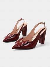 Χαμηλού Κόστους Σλινγκμπακ Πάμπς-Γυναικεία μπορντό ψηλοτάκουνα πέδιλα με slingback και φιόγκο - γόβες με μυτερή μύτη για γραφείο, ραντεβού και ειδικές περιστάσεις