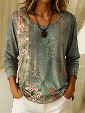 baratos T-shirt Boho-Mulheres Camiseta Imprimir Gráfico Geometria Vintage à moda Casual Manga Longa Gola Redonda Tops regulares Diário Final de semana Laranja Verde Outono Inverno