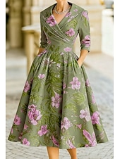 baratos Comprimento do chá-Linha A Longuette Vestido de festa Vestido Coquetel Vestido de convidada de casamento Vestidos de noite Elegante Vintage Manga 3/4 Colarinho de Camisa Casamento Formal Jacquard com Bolsos