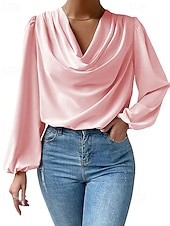 preiswerte Schicke Blusen-Damen Hemd Elegant Satin-Top Bluse Gerafft Patchwork Drapiert Einfarbig Einfach Elegant Vintage Täglich Langarm Laternenärmel Asymmetrisch Normale Oberteile Täglich Arbeit Ferien Blau Schwarz Wei