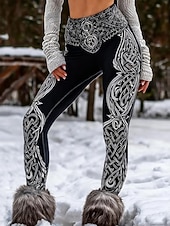 cheap Viking print-Women&#039;s Viking Boho Leggings Vacation Vintage Ethnic Style Full Length High Waist Graphic Abstract 3D Print Quick Dry Breathability Soft Stretchy Outdoor Vacation Home Black Fall Winter Regular Fit