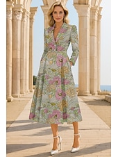 זול שמלות קוקטייל-גזרת A באורך הקרסול שמלות קוקטייל שמלות מסיבה אלגנטית וינטאג' שרוול ארוך צווארון V מסיבת חצר חתונה ג'אקרד עם קפלים