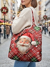 tanie Graficzne torby drukowane-Damska składana torba na zakupy świąteczna – wiele wzorów z motywem Świętego Mikołaja, materiał poliestrowy, trwała i kompaktowa, idealna na świąteczne zakupy i prezenty