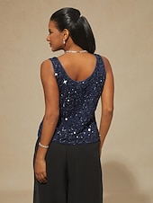 お買い得  レディースブラウススーツ-女性用 ブラウス ドレッシーなトップス ツインセット スパンコール レース ペーズリー エレガント パーティー 七分袖 スタンドカラー セミフォーマル フォーマルウェア カクテルの服装 ネイビーブルー 春 秋 冬