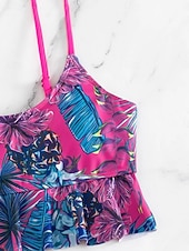 levne Tankiny-Dámský tankini 2-dílný plavecký úbor s řasením palm šortky kontrola břicha vysoký pas štíhlé bez zad dovolená plážové oblečení květinový kulatý výstřih bez rukávů