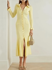 economico Abiti in maglia-Per donna Abito maxi Tubino Casual Quotidiano Vestibilità regolare Semplice Manica Lunga Collo a V Nero Bianco Giallo Primavera Autunno Inverno