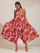 billiga Semesterklänningar-Dam Bandklänning Solklänning Sommarklänning Midiklänning Rubinrött Rem Tryck Reste sig Blommor V-ringad Mönster Asymetrisk fåll Vår &amp; sommar V-hals Sexig V-Front semester klänning Semester S M L