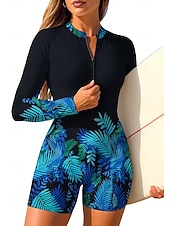 お買い得  ワンピースラッシュガード-女性用 ラッシュガード ワンピースサーフィンスーツ 水着 フラワー トロピカル風 カラーブロッキング ジッパーを閉める 内蔵ブラ付き 取り外し式パッド UVサンプロテクション UPF50+ 超軽量(UL) 長袖 スイムウェア ラッシュガード サーフィン ビーチ ウォータースポーツ 夏