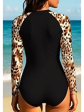 baratos Rash Guards de Uma Peça-Mulheres Segunda-pele para Mergulho Roupa de banho Conjunto de maiô Leopardo Zip Up UPF50+ Secagem Rápida Leve Manga Longa Camisa de Natação Surfe Praia Esportes Aquáticos Verão
