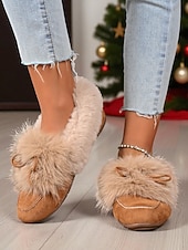 preiswerte Ballerinas für Damen-Damen Loafer Klassische Loafer Weiche Schuhe Komfortschuhe Weihnachten Täglich Schleife Flacher Absatz Runde Zehe Lässig Komfort Kunstpelz Kunstwildleder Loafer Rot orange Mandelfarben Schwarz