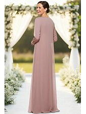 cheap Mom's Jumpsuits-3 Piece Pantsuit Floor Length Mother of the Bride Dress Sleeveless Long Sleeve Crew Neck Elegant Formal Wedding Guest Chiffon Satin with Pleats Beading