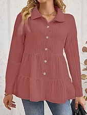 preiswerte Einfache Blusen-Damen Bluse Gerafft Knöpfe Einfarbig Stilvoll Lässig Langarm Hemdkragen Normale Oberteile Täglich Salbeigrün Schwarz Rote Marineblau Aprikose Frühling Herbst Winter