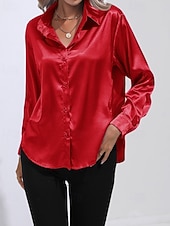 abordables Blouses Unies-Femmes Chemise Elegant Haut en satin Chemisier Boutons Uni Élégant ancien manche longue Col de chemise Hauts Réguliers Fête Sortir Jaune Rouge Bleu Roi Rose Gris Été Printemps
