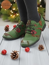preiswerte Damenschnürschuhe-Grüne Oxford-Schnürschuhe aus Leder für Damen mit roten Nähten, handgefertigte Retro-Freizeitschuhe für Damen, perfekt für Weihnachtsoutfits und den Alltag im Herbst