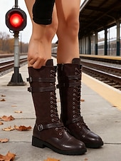 halpa Maihinnousukengät-naisten nauhalliset polvipituiset saappaat - ruskeat keinonahkaiset maiharit soljilla, vintage-ratsastustyyliset jalkineet syksyyn ja talveen