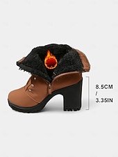 baratos Botas de neve e inverno-Botas femininas marrons de cano curto com salto alto – botas de inverno de couro sintético com cadarço, punhos de tricô e detalhes em pérola, perfeitas para o Natal e looks do dia a dia.