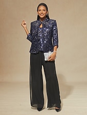 お買い得  レディースブラウススーツ-女性用 ブラウス 2 ピースの衣装 ドレッシーなトップス スパンコール 刺繍 フラワー エレガント 七分袖 スタンドカラー レギュラートップス パーティー ネイビーブルー 春 秋 冬