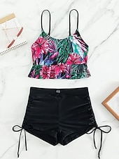 levne Tankiny-Dámský tankini 2-dílný plavecký úbor s řasením palm šortky kontrola břicha vysoký pas štíhlé bez zad dovolená plážové oblečení květinový kulatý výstřih bez rukávů