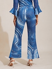  Calças femininas de tecido elástico com estampa floral, chiffon, painéis transparentes, perna larga, cintura elástica, elegante, confortável, trabalho diário, outono