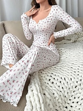  Women's Pajama Set Casual Comfort Floral Elastic Waist Pant Home Daily Long Sleeve U Neck White Yellow Pink Purple Spring Fall Regular Fit