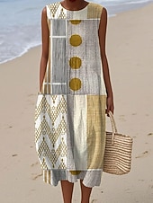 tanie Sukienki w paski i geometryczne-Midi sukienka lniana sukienka wakacyjna sukienka typu shift w kształcie litery A wakacyjna casualowa boho na plażę na wyjście luźna graficzna geometryczna bez rękawów okrągły dekolt niebieska biała