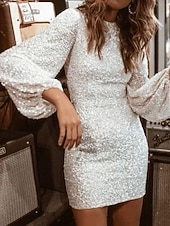 preiswerte Paillettenkleider-Damen Minikleid Paillettenkleid Abschlussballkleid Partykleid Cocktailkleid Modern Laternenärmel Abendgesellschaft Party Cocktailparty Schlank Einfach Langarm Rundhalsausschnitt Schwarz Weiß Aprikose