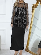 halpa Naisten puseropuvut-Naisten Hame setit Bolero toppi Pitkähihainen Pyöreä kaula-aukko Yhtenäinen väri Paljetti Tupsu Tyylikäs Aktiivinen Juhla Cocktailjuhla Juhla / cocktail Musta Kevät Normaali