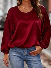 Χαμηλού Κόστους Επίσημες Μπλούζες-Γυναικεία Πουκάμισο Κομψή Φιλάρεσκος Σατέν Μπλούζα Κουρελού Σκέτο Κομψό Στυλάτο Καθημερινό Μακρυμάνικο Στρογγυλή Ψηλή Λαιμόκοψη Κανονικά μπλουζάκια Καθημερινά Αργίες Εξόδου