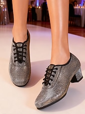 economico Sneakers da danza-scarpe da ballo latino da donna in oro e argento - scarpe da ballo professionali da sala da ballo, tango, jazz, con lacci, finitura metallica sfumata e tacchi bassi per esibizioni o prove