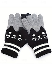 abordables Guantes de mujer-Guantes de punto para pantalla táctil para mujer, multicolor, diseño de gato, acogedor accesorio de invierno.