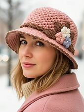 tanie Kapelusze damskie-Damska czapka beanie z dzianiny – miękki wełniany materiał, wiele kolorów, zdobienie w postaci kwiatów 3D, podszewka z polaru zapewniająca ciepło, idealna na święta Bożego Narodzenia i zimowe aktywności na świeżym powietrzu
