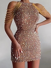 billiga Paljettklänningar-Dam Mini klänning Klänning med paljetter Festklänning Cocktail klänning Sheath Dress Mode Modern Kvällsfest Fest Speciellt Tillfälle Normal Slät Ärmlös Halterneck Svart Vit Rodnande Rosa Vår Höst