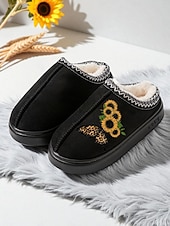 Χαμηλού Κόστους Γυναικείες Παντόφλες &amp; Σαγιονάρες-Γυναικείες παντόφλες με τυπωμένο ηλιοτρόπιο - ζεστά παπούτσια εσωτερικού χώρου με επένδυση από φλις και σχέδιο πεταλούδας, άνετα υποδήματα για το σπίτι για χειμερινά δώρα