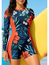 economico Rash Guards Interi-Per donna Top sottomuta Costume da bagno Boyleg Floreale Con zip Imbottitura rimovibile Cerniera Frontale Protezione Solare UV UPF50+ Ultra Leggero (UL) Manica Lunga Costume da Bagno Top sottomuta
