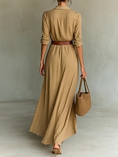 baratos Vestido Boho de Algodão e Linho-Mulheres Vestido Longo Vestido Maxi Camisetão Moderno Diário Ao ar livre Para Noite Normal Tecido Manga Longa Colarinho de Camisa Preto Branco Azul Marinha Cáqui Primavera Outono