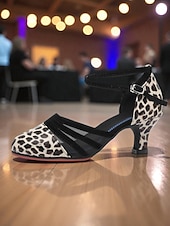 economico Scarpe per balli latini-Scarpe da ballo latino professionali da donna con stampa leopardata - tacchi da sala da ballo con cinturini in pelle scamosciata e rete per salsa, tango e gare di performance