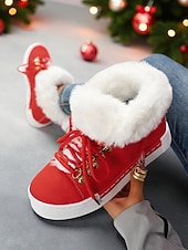 Недорогие Женские кроссовки-женские красные кеды из искусственного меха — тёплая зимняя обувь на шнуровке с мягкой подкладкой, повседневная рождественская обувь для отдыха на природе и уличного стиля
